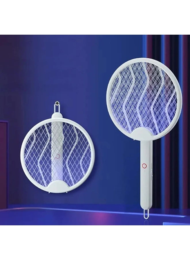 مضرب ناموس كهربائي قابل للطي – جهاز 2 في 1 صاعق حشرات يدوي مع مصيدة ضوء UV، قاتل ذباب جداري، قابل للشحن USB، شبكة أمان ثلاثية - Image 1